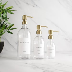 Clear Plastic Bottle - Labelled Refillable Bottle With Metal Gold / Brass Pump Dispenser | For Shampoo, Hand Soap, Cream, Body Wash | Eco