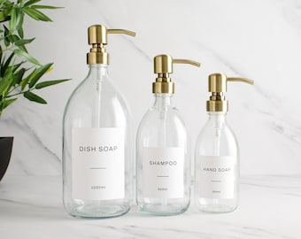 Clear Glass Bottle - Refillable Bottle With Gold Brass Pump Dispenser & Label | For Shampoo, Hand Soap, Hand Cream, Body Wash | Eco Reuse