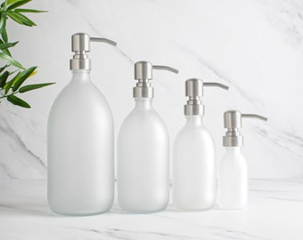 Bouteille en verre blanc givré - Distributeur de savon coloré rechargeable avec pompe en métal argenté | pour shampoing, après-shampoing, crème pour les mains, corps | Réutiliser