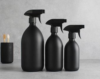 Matte Black Glass Spray Bottle - Refillable Coloured Trigger Spray Bottle | Kitchen Bathroom Accessories For Cleaning And Plants | Reuse