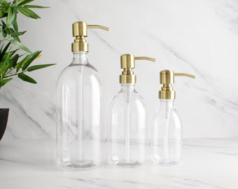 Bouteille en plastique transparent - Bouteille rechargeable avec distributeur à pompe en métal doré/laiton | Pour shampooing, savon pour les mains, crème pour les mains, nettoyant pour le corps | Éco