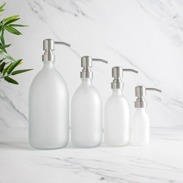 Bouteille en verre blanc givré - Distributeur de savon coloré rechargeable avec pompe en métal argenté | pour shampoing, après-shampoing, crème pour les mains, corps | Réutiliser