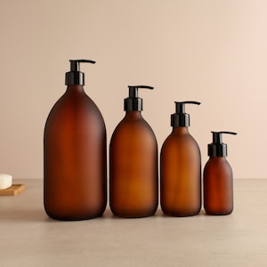 Frosted Amber Glass Bottle - Refillable Coloured Soap Dispenser With Black Pump | For Shampoo, Conditioner, Hand Cream, Body Wash | Reuse