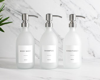 Body Wash Shampoo Conditioner Frosted White Glass Bottle Set Of Three - Refillable Dispenser & Pump With White Waterproof Label | Eco