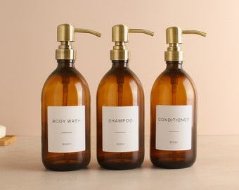 Body Wash Shampoo Conditioner Amber Glass Bottle Set Of Three - Refillable Brown Dispenser & Pump With White Waterproof Label | Eco Friendly