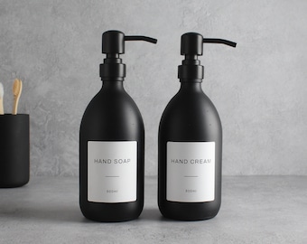 Hand Soap & Hand Cream Matte Black Glass Bottle Set Of Two - Refillable Dispenser And Pump With White Waterproof Label | Eco Friendly