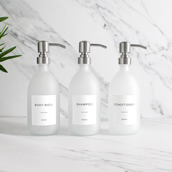 Body Wash Shampoo Conditioner Weißglasflasche 3er-Set - Nachfüllbarer Dispenser & Pump mit weißem wasserdichtem Etikett | Öko