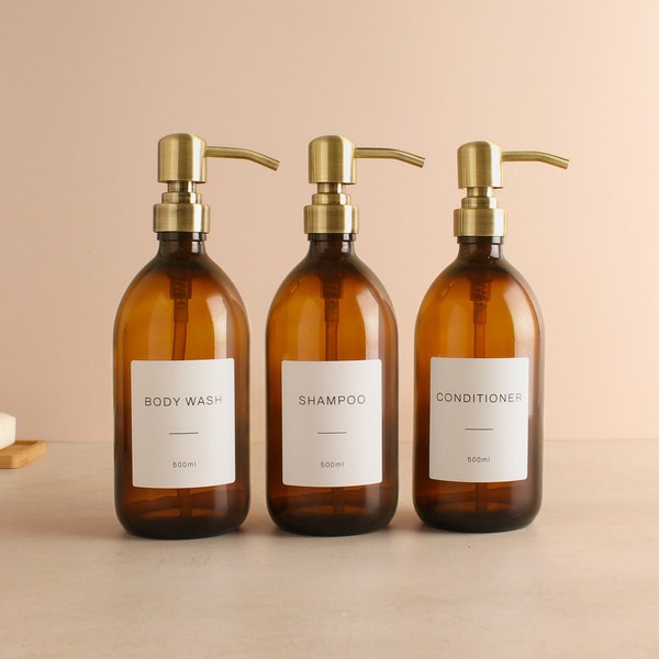 Body Wash Shampoo Conditioner Amber Glass Bottle Set Of Three - Refillable Brown Dispenser & Pump With White Waterproof Label | Eco Friendly