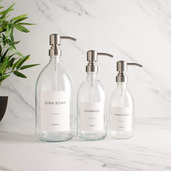 Clear Glass Bottle - Refillable Bottle With Silver Pump Dispenser & Label | For Shampoo, Hand Soap, Hand Cream, Body Wash | Eco Reuse