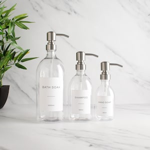 Clear Plastic Bottle - Labelled Refillable Bottle With Metal Silver Pump Dispenser | For Shampoo, Hand Soap, Cream, Body Wash | Eco