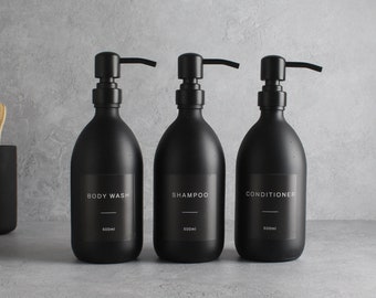 Body Wash Shampoo Conditioner Matte Black Glass Bottle Set Of Three - Refillable Dispenser & Pump With Black Waterproof Label | Eco Friendly