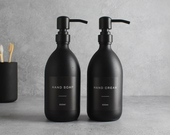 Hand Soap & Hand Cream Matte Black Glass Bottle Set Of Two - Refillable Dispenser And Pump With Black Waterproof Label | Eco Friendly