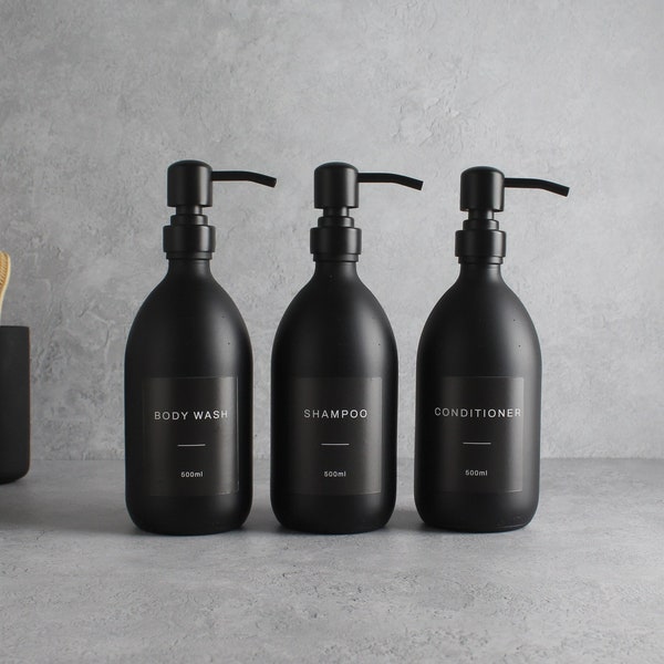 Body Wash Shampoo Conditioner Matte Black Glass Bottle Set Of Three - Refillable Dispenser & Pump With Black Waterproof Label | Eco Friendly