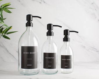 Clear Glass Bottle - Labelled Refillable Bottle With Metal Matte Black Pump Dispenser & Label | For Shampoo, Hand Soap, Body Wash | Eco