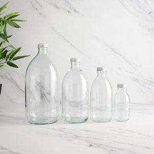 Clear Glass Bottle - Refillable Bottle With Aluminium Metal Screw Cap | For Bubble Bath, Shampoo, Hand Soap, Body Wash | Eco Reuse