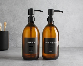 Shampoo & Conditioner Braunglasflasche Zweier-Set - Nachfüllbarer Brauner Spender Und Pumpe Mit Schwarzem Wasserfestem Etikett | Umweltfreundliche Nachfüllung
