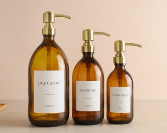 Amber Glass Bottle - Labelled Refillable Bottle With Brass/Gold Pump Dispenser & Label | For Shampoo, Hand Soap, Cream, Body Wash | Reuse