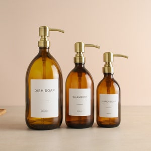 Amber Glass Bottle - Labelled Refillable Bottle With Brass/Gold Pump Dispenser & Label | For Shampoo, Hand Soap, Cream, Body Wash | Reuse