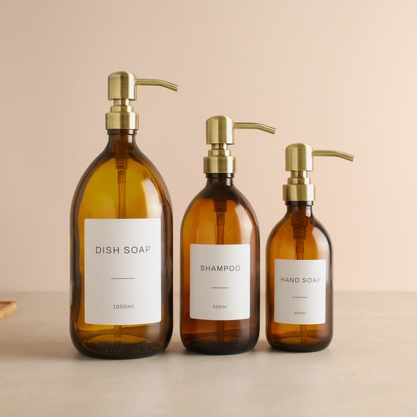 Amber Glass Bottle - Labelled Refillable Bottle With Brass/Gold Pump Dispenser & Label | For Shampoo, Hand Soap, Cream, Body Wash | Reuse