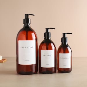 Amber Plastic Bottle - Labelled Refillable Bottle With Black Pump Dispenser | For Shampoo, Hand Soap, Hand Cream, Body Wash | Eco Reuse