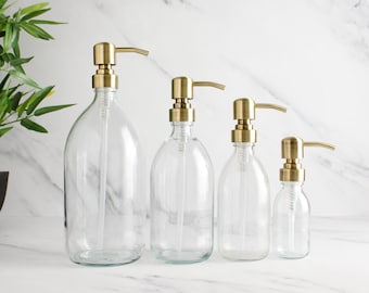 Bouteille en verre transparent - Bouteille rechargeable avec distributeur à pompe en laiton doré | Pour shampooing, savon pour les mains, crème pour les mains, nettoyant pour le corps | Réutilisation écologique