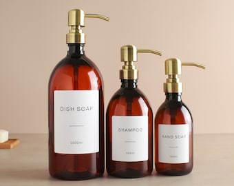 Bernsteinfarbene Plastikflasche - Nachfüllbare Flasche mit Metallgold / Messing-Pumpspender | Für Shampoo, Handseife, Handcreme, Duschgel | Eco