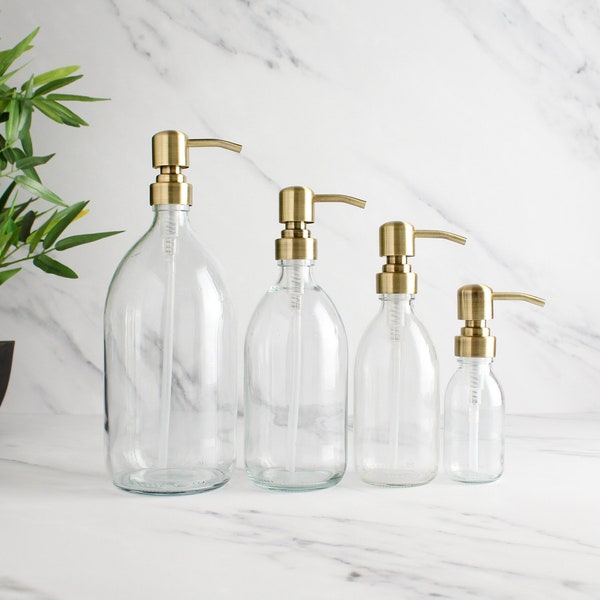 Clear Glass Bottle - Refillable Bottle With Gold Brass Pump Dispenser | For Shampoo, Hand Soap, Hand Cream, Body Wash | Eco Friendly Reuse