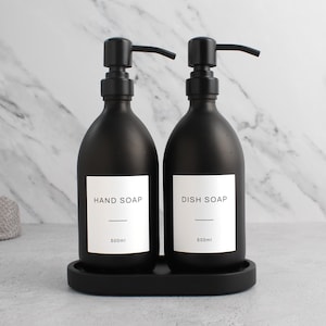 Black Tray & Matte Black Dispenser Set - Labelled Refillable Bottle With Gold Pump And Label | For Shampoo, Hand Soap, Cream, Body Wash