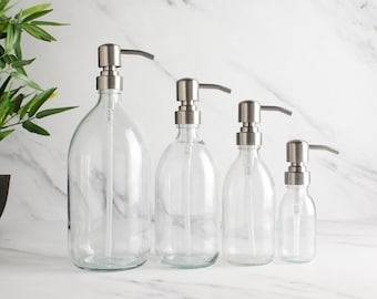 Bouteille en verre transparent - Bouteille rechargeable avec distributeur à pompe en métal argenté | Pour shampooing, savon pour les mains, crème pour les mains, nettoyant pour le corps | Réutilisation écologique