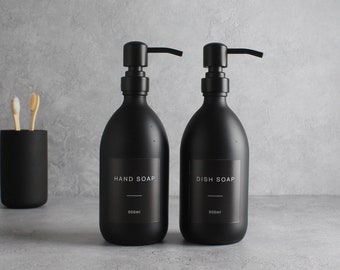 Handseife & Spülmittel Matte Schwarze Glasflasche Zweier Set - Nachfüllbarer Spender Und Pumpe Mit Schwarzem Wasserfestem Etikett | Umweltfreundliche Nachfüllung