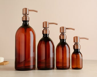Bouteille en plastique ambre - Bouteille rechargeable avec distributeur à pompe en métal or rose | Pour shampooing, savon pour les mains, crème pour les mains, nettoyant pour le corps | Réutilisation écologique