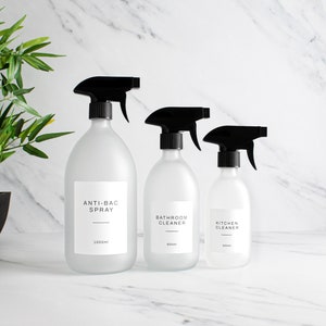 Frosted Clear Glass Spray Bottle - Refillable Coloured Trigger Spray Bottle & Label | Kitchen Bathroom Accessories For Cleaning And Plants