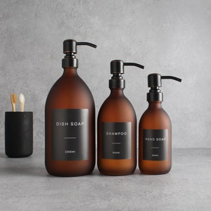 Frosted Amber Glass Bottle - Refillable Coloured Soap Dispenser With Metal Black/Copper Pump & Label | For Shampoo, Conditioner, Hand Cream