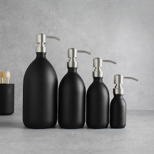 Matte Black Glass Bottle - Refillable Coloured Soap Dispenser With Metal Silver Pump | For Shampoo, Conditioner, Hand Cream, Body | Reuse