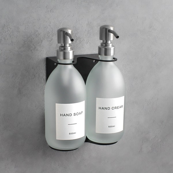 Double Wall Bracket And Frosted White Glass Dispensers Set of Two - Premium Stainless Steel Mounted Pump Bottle Holder For Soap Label