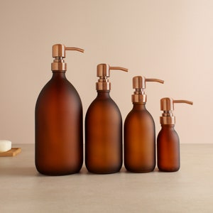 Frosted Amber Glass Bottle - Refillable Coloured Soap Dispenser With Metal Rose Gold Pump | For Shampoo, Conditioner, Hand Cream | Reuse