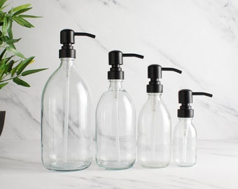Clear Glass Bottle - Refillable Bottle With Matte Black Pump Dispenser | For Shampoo, Hand Soap, Hand Cream, Body Wash | Eco Friendly Reuse