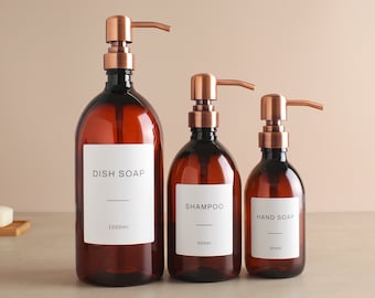 Amber Plastic Bottle - Labelled Refillable Bottle With Metal Rose Gold Pump Dispenser | For Shampoo, Hand Soap, Body Wash | Eco Reuse