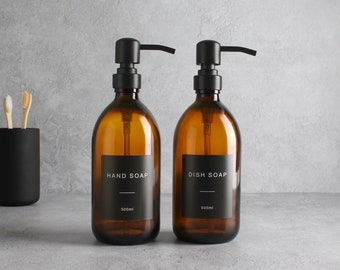 Hand Soap & Dish Soap Amber Glass Bottle Set Of Two - Refillable Brown Dispenser And Pump With Black Waterproof Label | Eco Friendly Refill