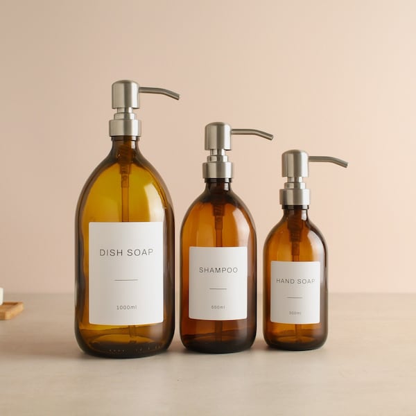 Amber Glass Dispenser - Labelled Bottle With Metal Silver Pump | Refillable For Hand Soap, Body Wash, Shampoo And Conditioner | Refillable