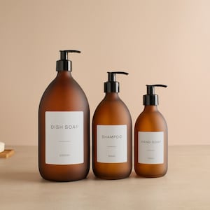 Frosted Amber Glass Bottle - Refillable Coloured Soap Dispenser With Black Pump & Label | For Shampoo, Conditioner, Hand Cream, Body | Reuse