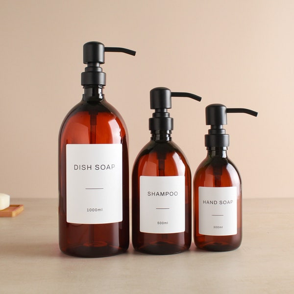 Amber Plastic Bottle - Labelled Refillable Bottle With Metal Matte Black Pump Dispenser | For Shampoo, Hand Soap, Cream, Body Wash | Eco