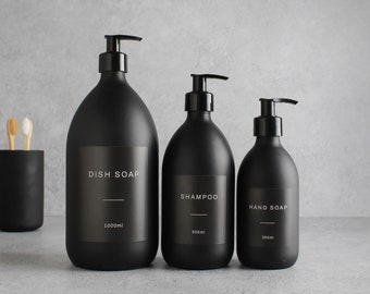 Bouteille en verre noir mat - Distributeur de savon coloré rechargeable avec pompe et étiquette noires | pour shampoing, après-shampoing, crème pour les mains, corps | Réutiliser