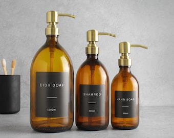 Amber Glass Bottle - Refillable Bottle With Brass / Gold Pump Dispenser & Label | For Shampoo, Hand Soap, Hand Cream, Body Wash | Reuse