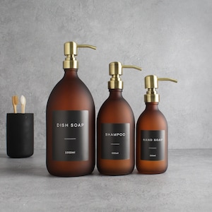 Frosted Amber Glass Bottle - Refillable Coloured Soap Dispenser With Metal Gold Pump & Label | For Shampoo, Conditioner, Hand Cream | Reuse