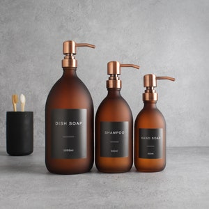 Frosted Amber Glass Bottle - Refillable Coloured Soap Dispenser With Metal Rose Gold Pump & Label | For Shampoo, Conditioner, Hand Cream