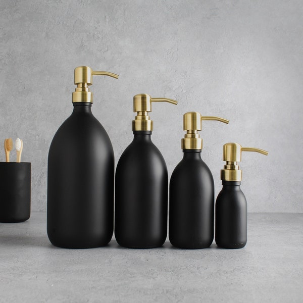 Matte Black Glass Bottle - Refillable Coloured Soap Dispenser With Metal Gold Pump | For Shampoo, Conditioner, Hand Cream, Body Wash | Reuse