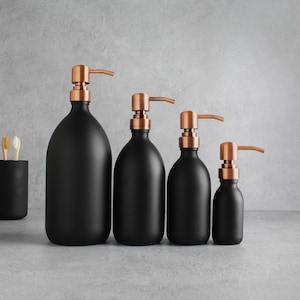 Matte Black Glass Bottle - Refillable Coloured Soap Dispenser With Metal Rose Gold Pump | For Shampoo, Conditioner, Hand Cream | Reuse