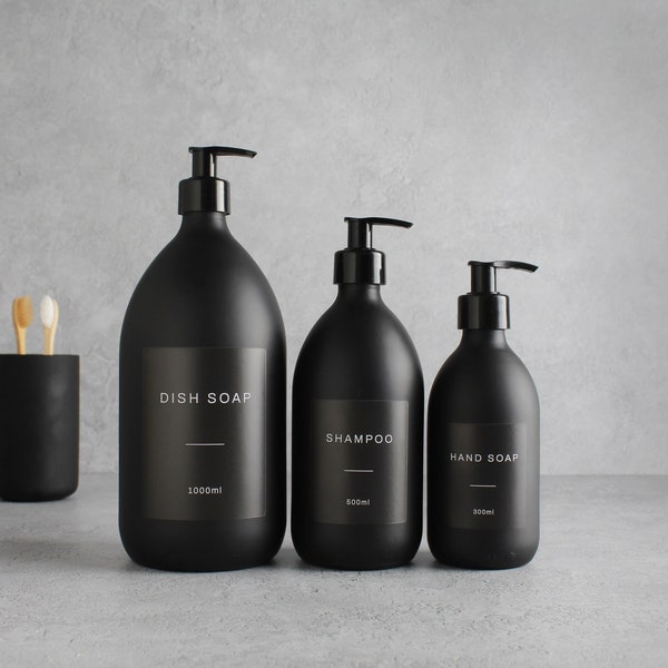 Matte Black Glass Bottle - Refillable Coloured Soap Dispenser With Black Pump & Label | For Shampoo, Conditioner, Hand Cream, Body | Reuse