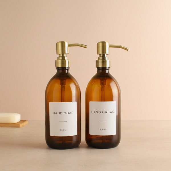 Hand Soap & Hand Cream Amber Glass Bottle Set Of Two - Refillable Brown Dispenser And Pump With White Waterproof Label | Eco Friendly Refill